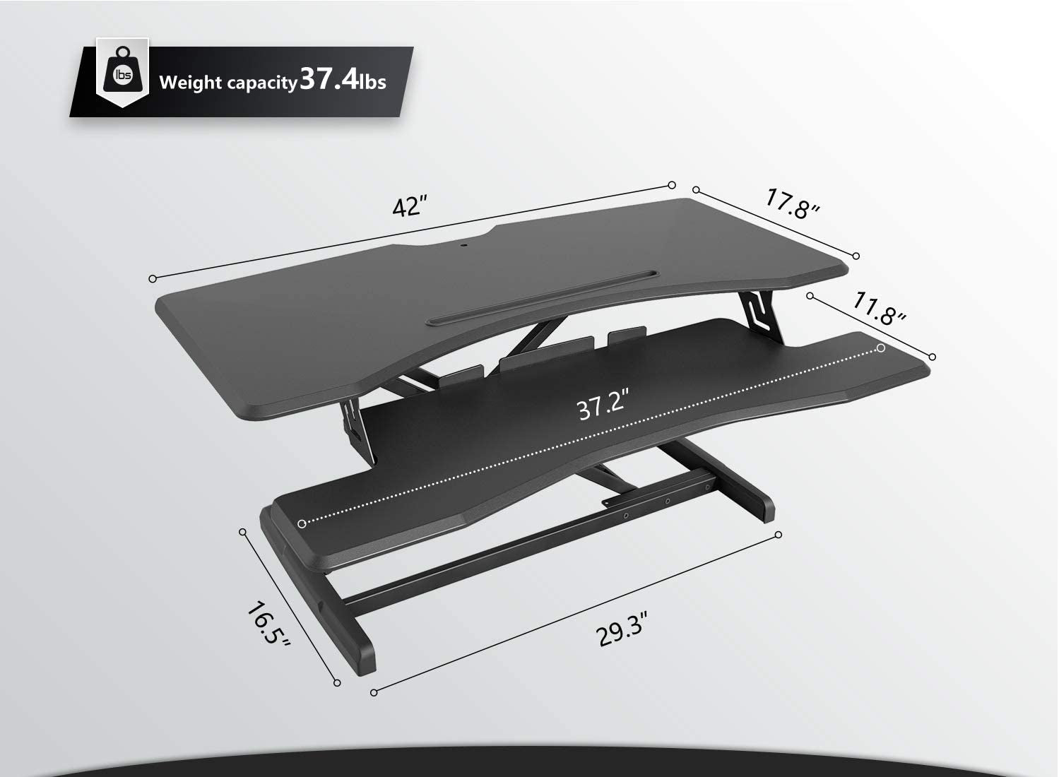 Standing Desk with Height Adjustable 42 Inches Standing Desk Converter Stand up Riser Tabletop Workstation Fits Dual Monitor Black